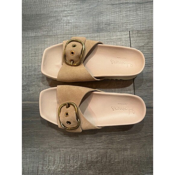 NIB Homers Tan Suede Slip On Open Toe Hand Crafted Buckle Slide Sandals Size 36 - Picture 2 of 9